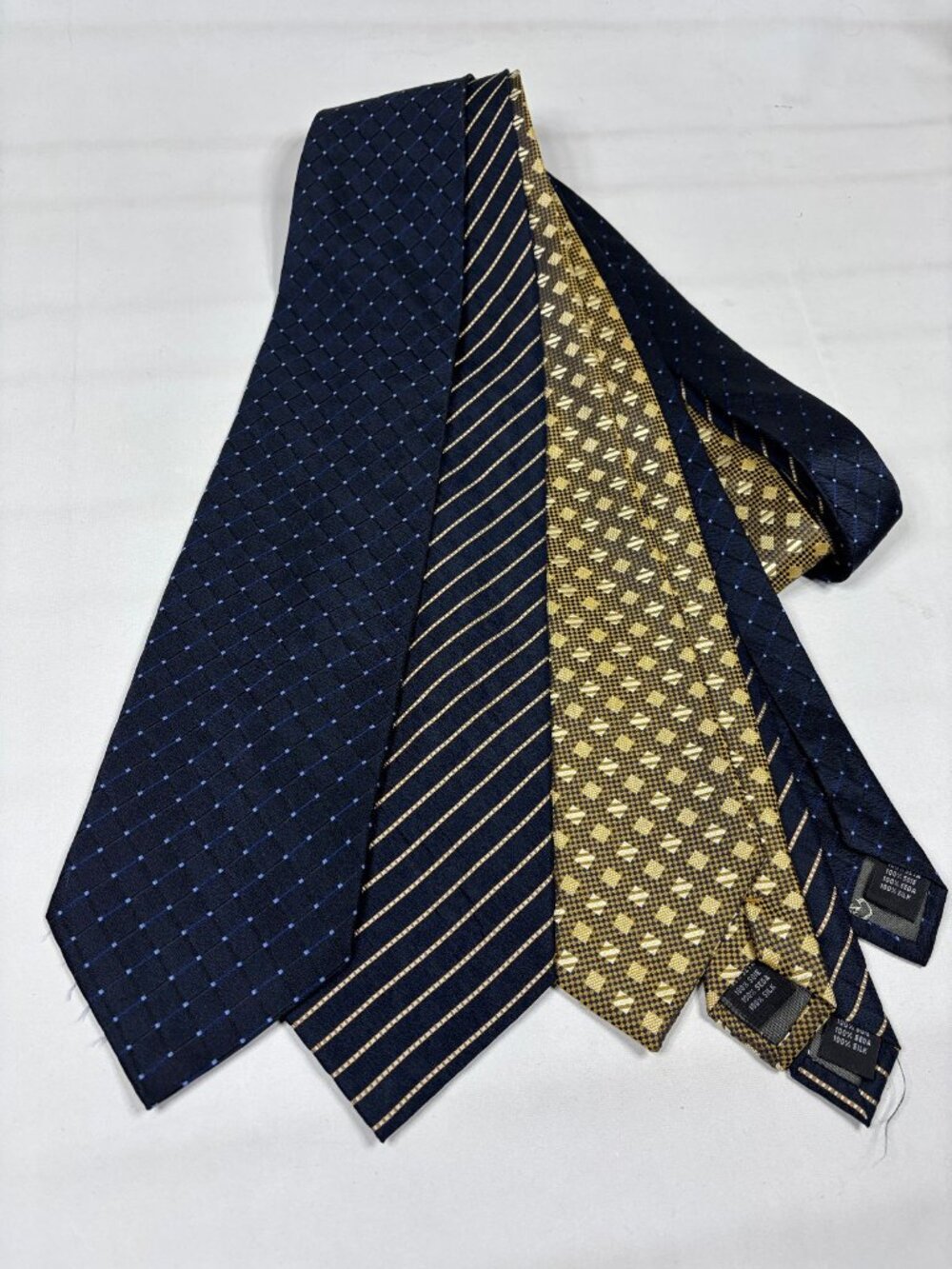 Lot of 3 Valerio Garati Pure Silk Ties Navy Gold Stripe Micro Grid Hand Made